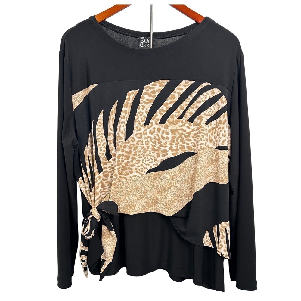 Clara Sun Woo Black Safari Animal Print Side Tie Long Sleeve Blouse Top 1X USA